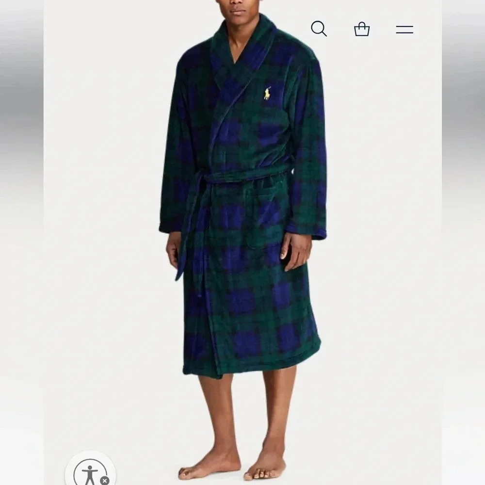 NWT Polo Ralph Lauren Plush Microfiber Robe blue and green plaid Lg/XL MSRP $120